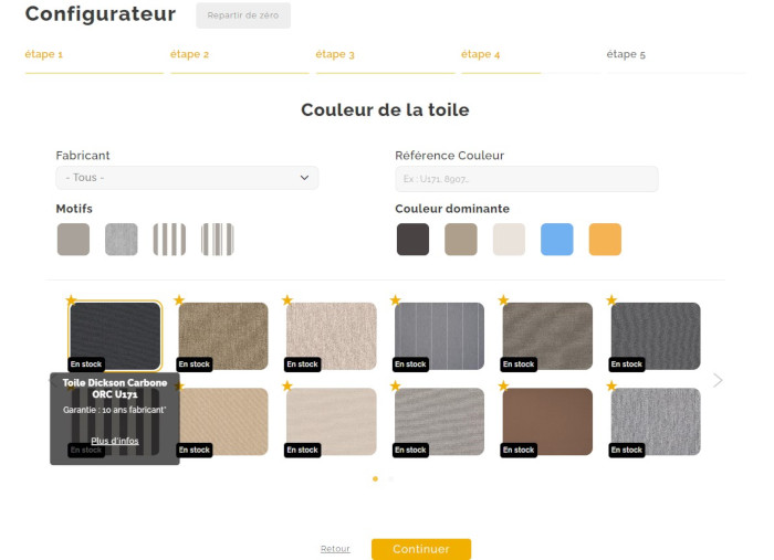 Etape 4 - Choix de la toile de store sur le configurateur Toiles disponibles sur le configurateur à l'étape 4